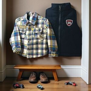 Wonderkids Plaid Botton Down Shirt and Kid Headquarters Dark Blue Vest Set